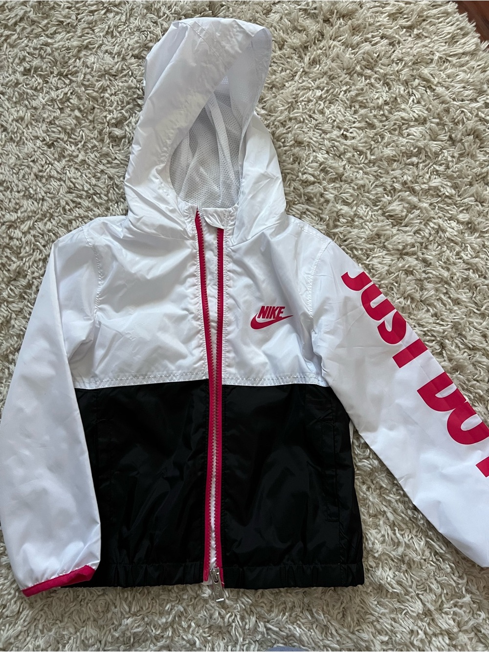 Nike Kids White Black Windbreaker Jacket with Pink Accents